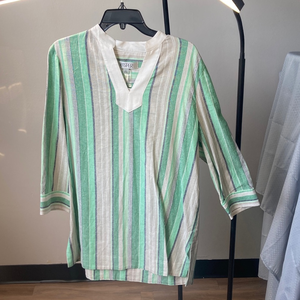 Kasper top print stripes pattern blouse linen blend career business casual L - Picture 11 of 17